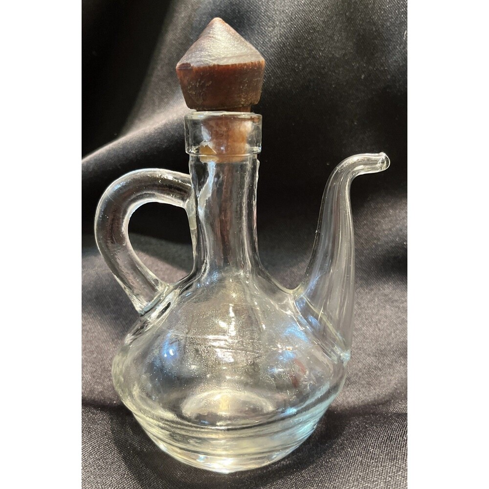 Antique VTG Hand Blown Small Pitcher Clear Glass Oil Cruets Stopper Glows Green